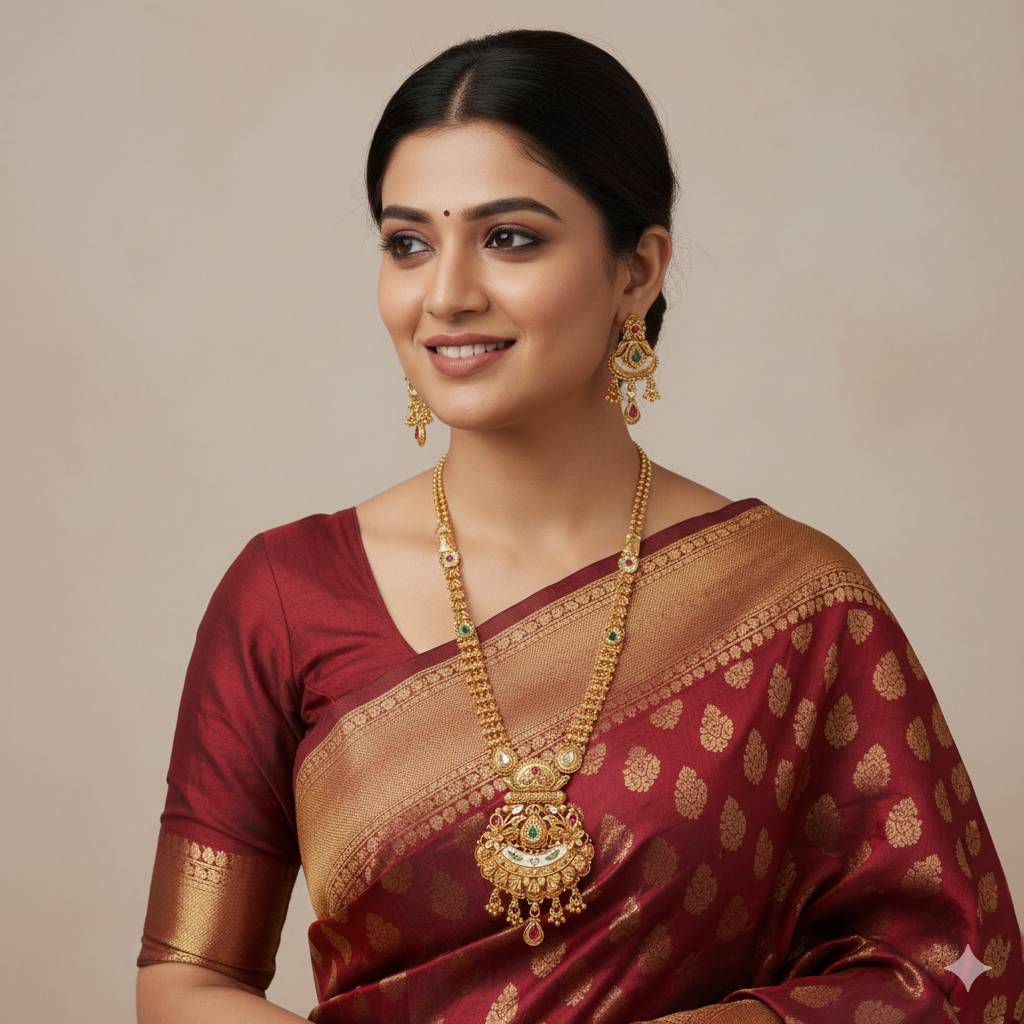 Traditional Gold-Toned Brass Long Necklace with Statement Pendant