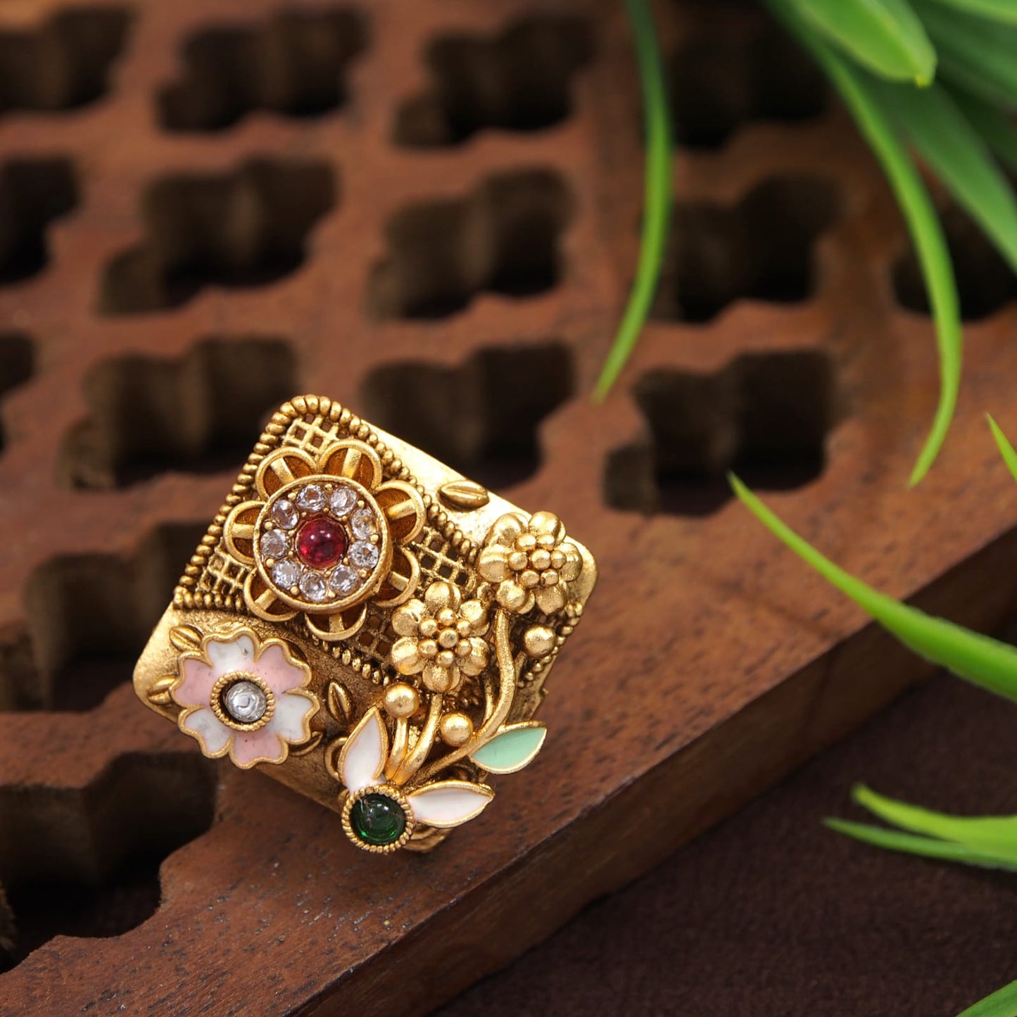 Orna Brass Meenakari AD Flower Finger Ring