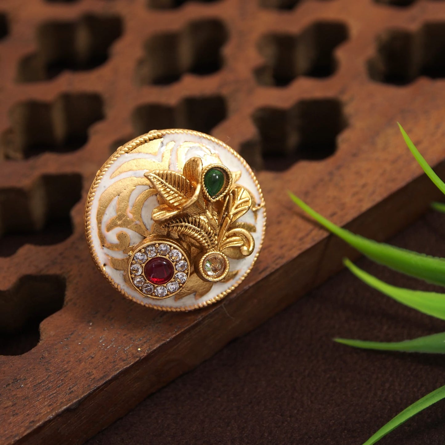 Orna Brass Meenakari AD Flower Finger Ring