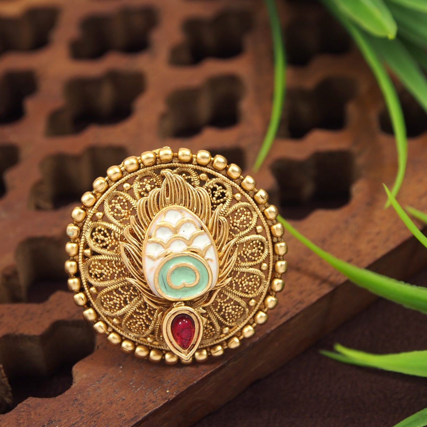 Orna Brass Meenakari AD Peacock Finger Ring