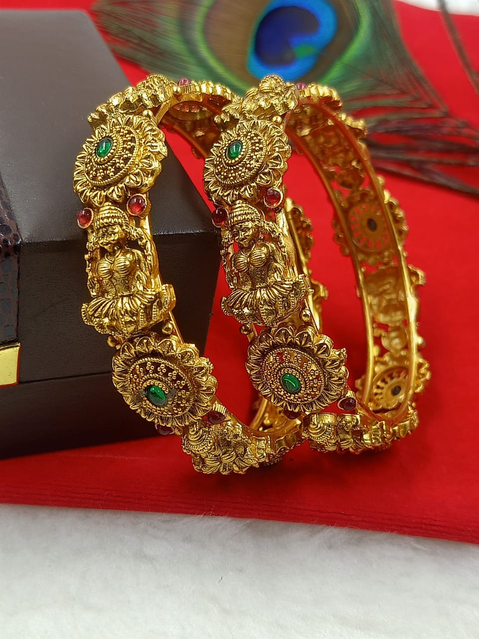 Exquisite Brass Temple Bangles with Goddess Lakshmi Motif