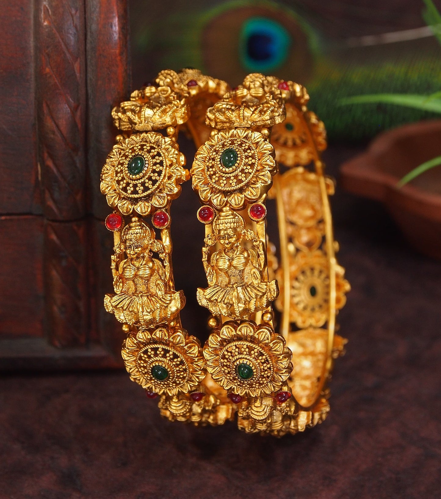 Exquisite Brass Temple Bangles with Goddess Lakshmi Motif