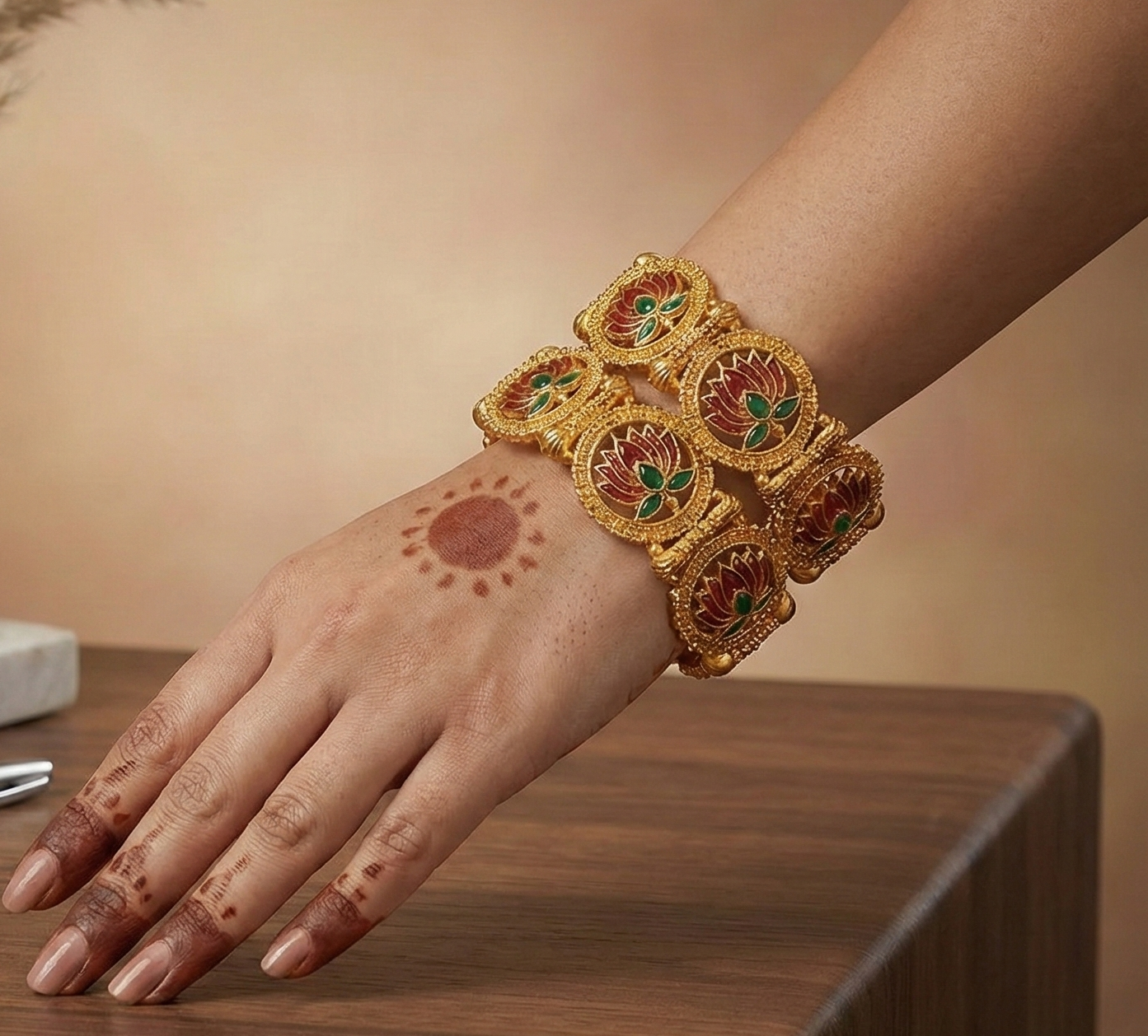 Beautyful Lotus Matte Gold Finish Brass Bangle