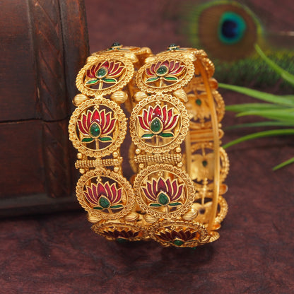Beautyful Lotus Matte Gold Finish Brass Bangle