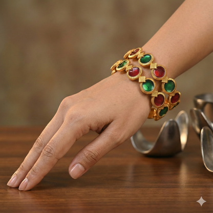 Traditional Gold-Plated Matte Brass Bangles with Red & Green Meenakari Design
