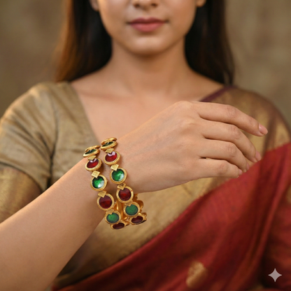 Traditional Gold-Plated Matte Brass Bangles with Red & Green Meenakari Design