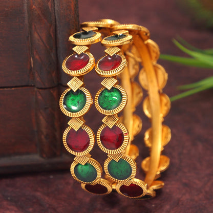 Traditional Gold-Plated Matte Brass Bangles with Red & Green Meenakari Design