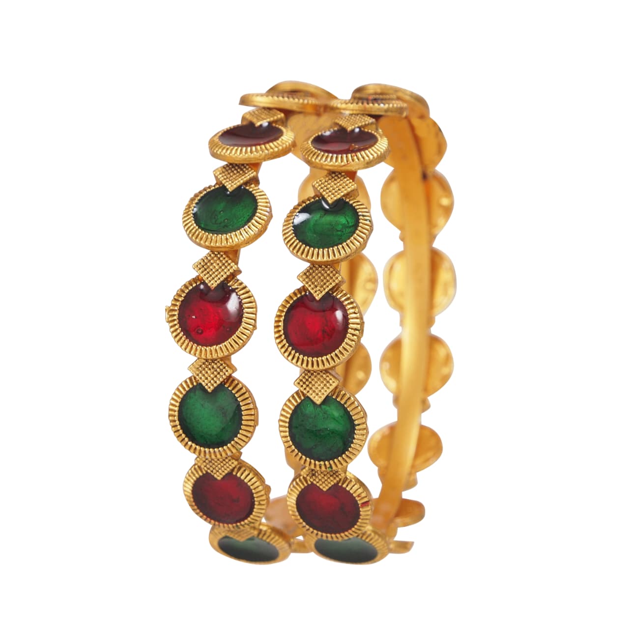 Traditional Gold-Plated Matte Brass Bangles with Red & Green Meenakari Design