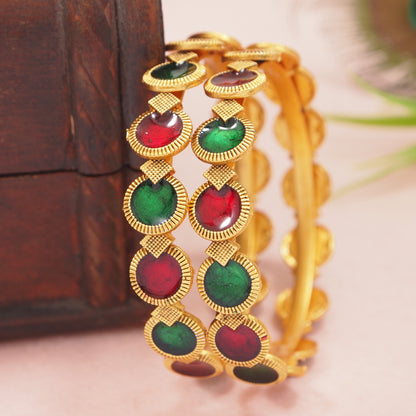 Traditional Gold-Plated Matte Brass Bangles with Red & Green Meenakari Design