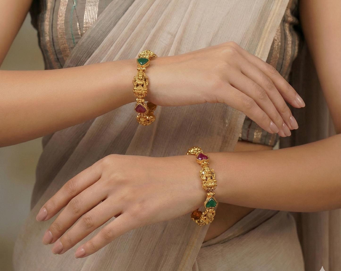 Traditional South Indian Lakshmi Matte Finish Temple Bangles with Red & Green Meenakari Design