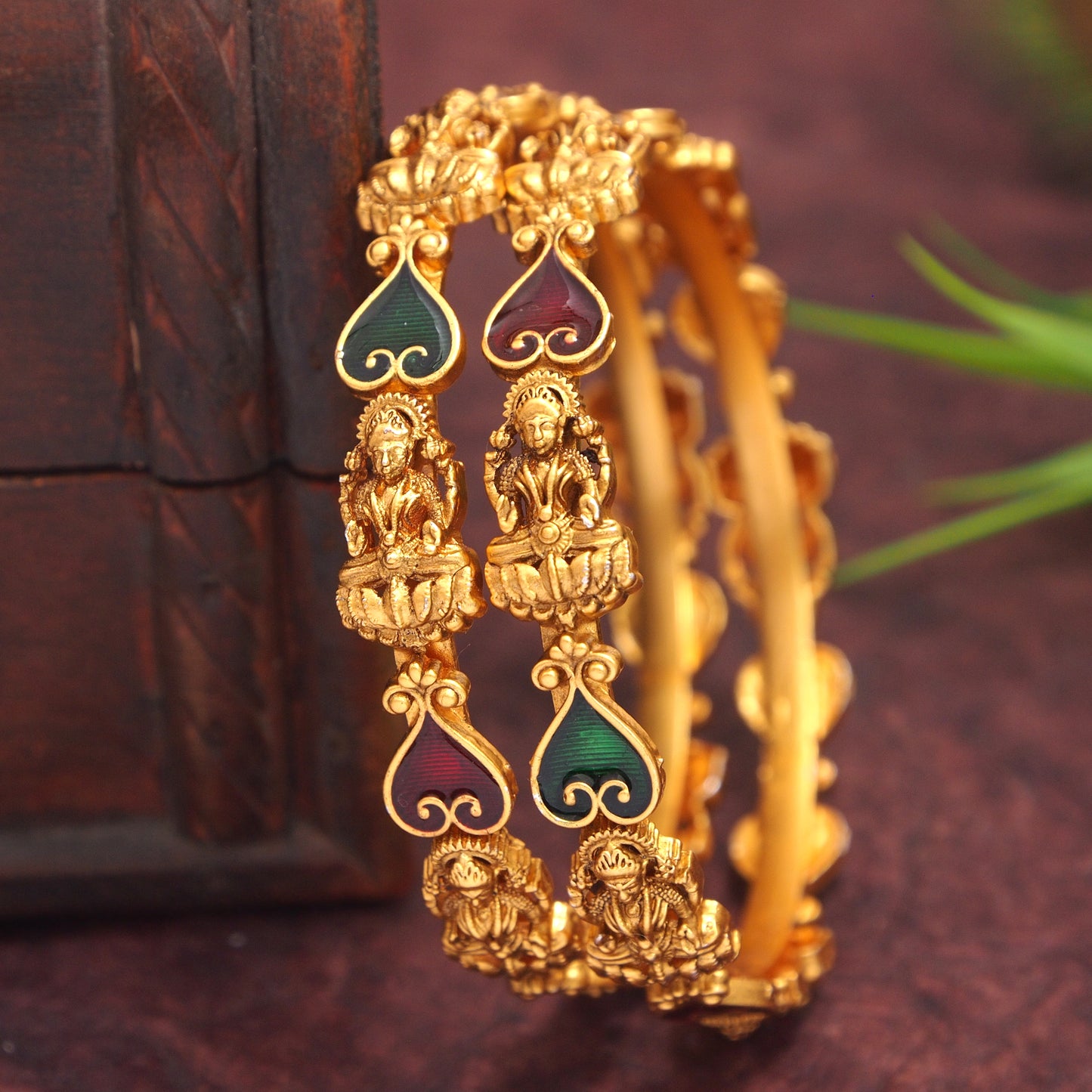 Traditional South Indian Lakshmi Matte Finish Temple Bangles with Red & Green Meenakari Design