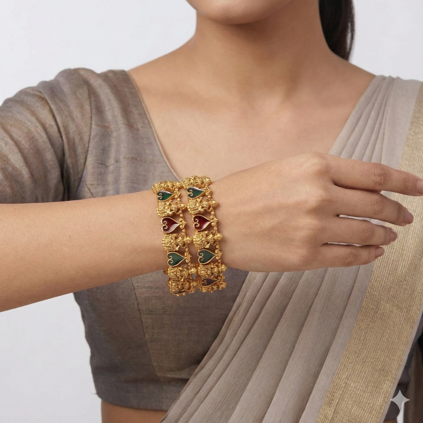 South Indian Lakshmi Temple Style Matte Gold Bangles with Red & Green Meenakari