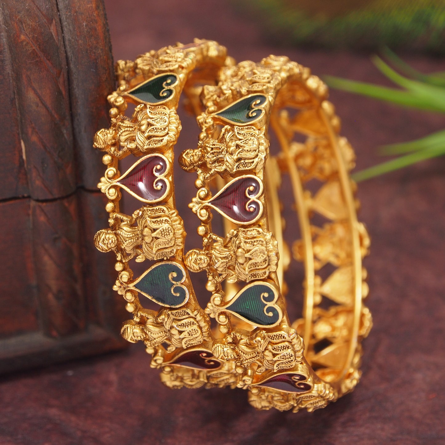 South Indian Lakshmi Temple Style Matte Gold Bangles with Red & Green Meenakari