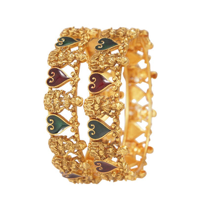 South Indian Lakshmi Temple Style Matte Gold Bangles with Red & Green Meenakari