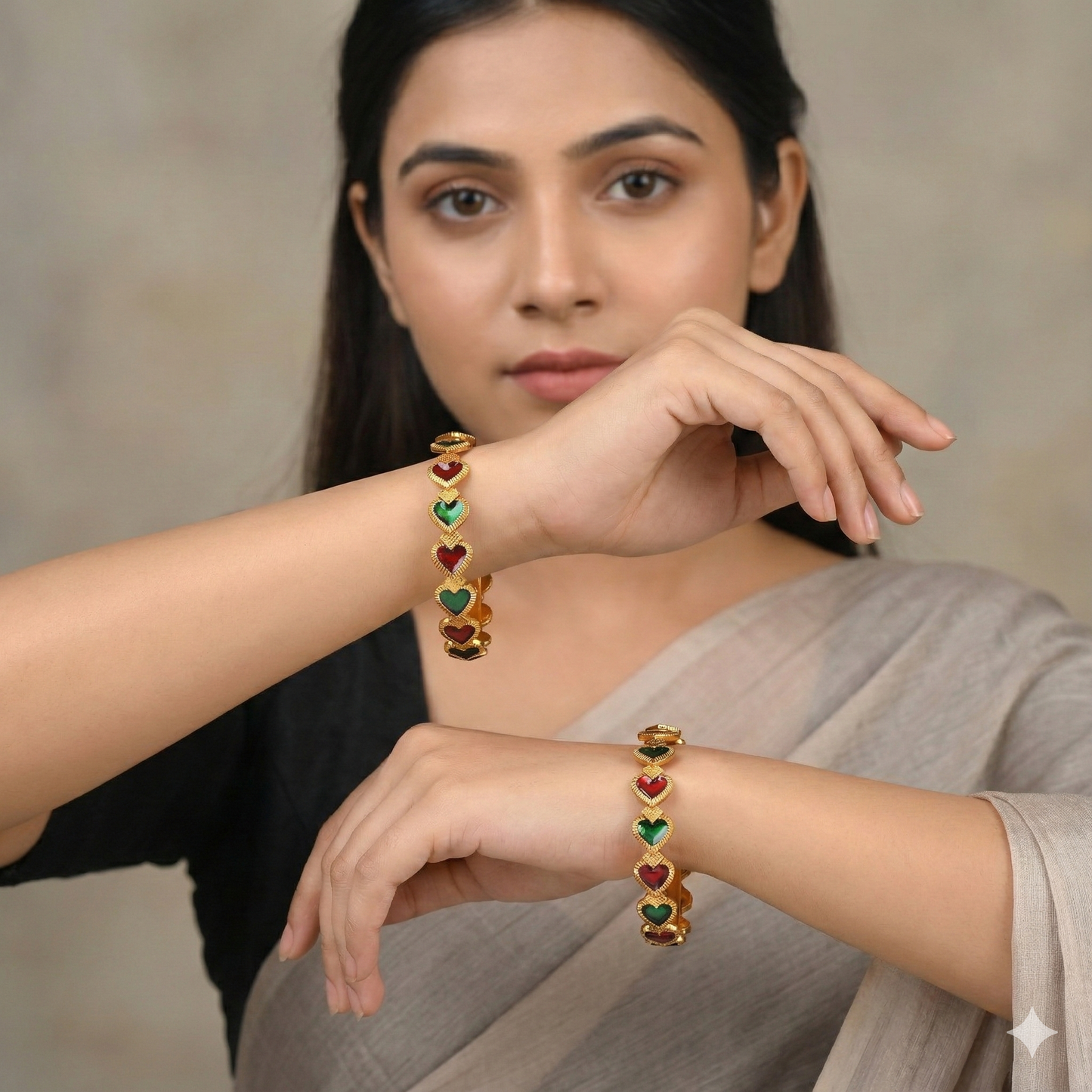 Traditional Gold-Plated Matte Brass Bangles with Red & Green Meenakari Design