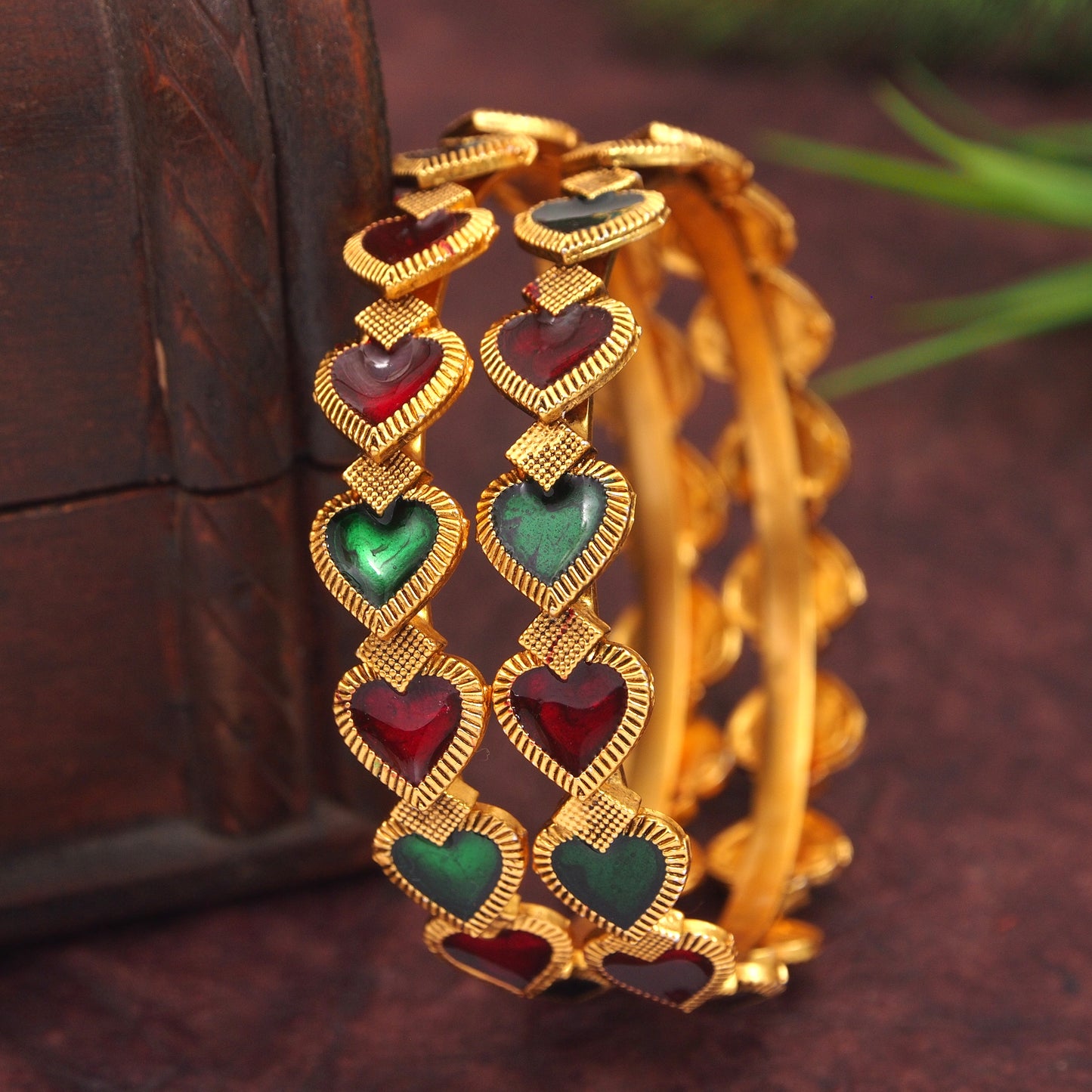 Traditional Gold-Plated Matte Brass Bangles with Red & Green Meenakari Design