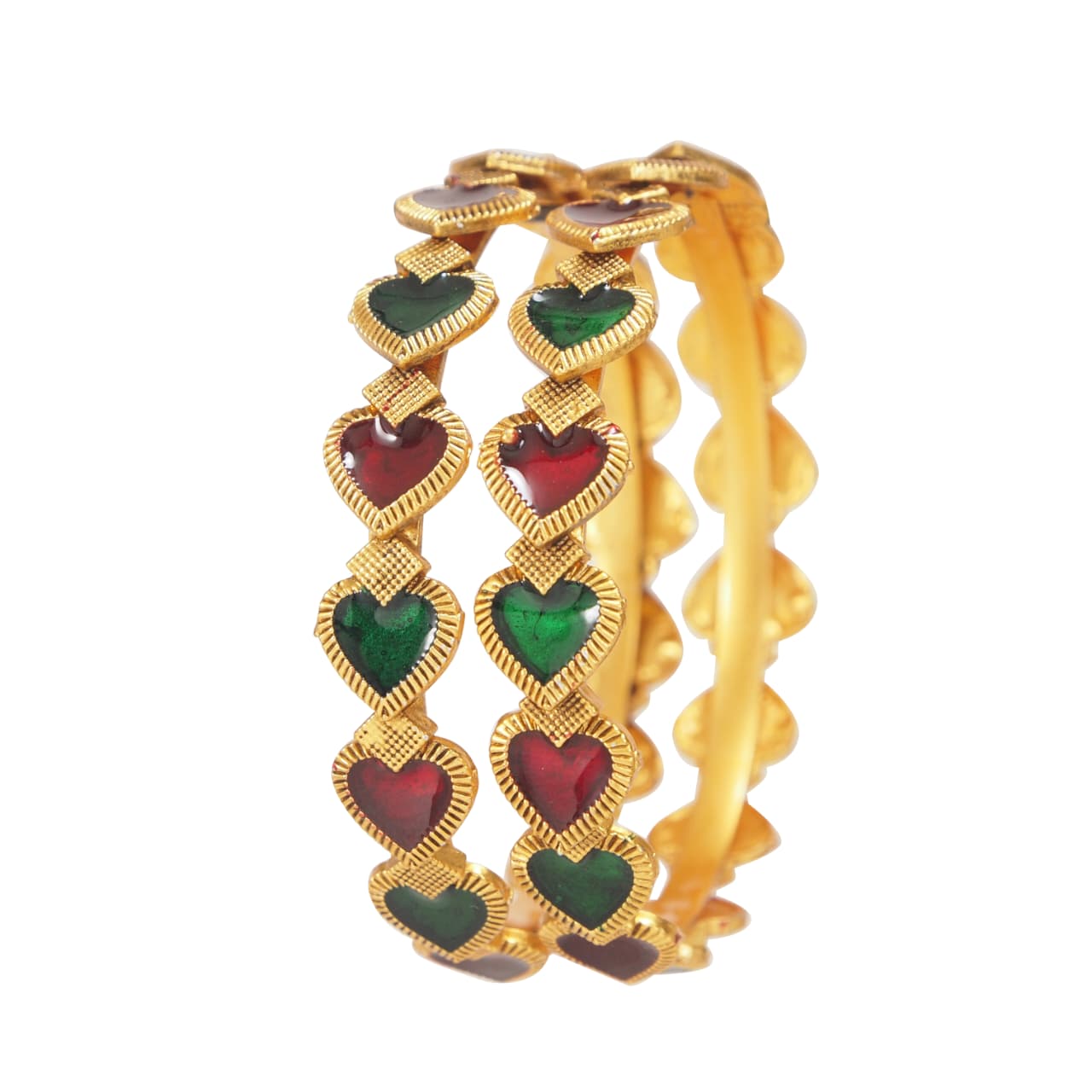 Traditional Gold-Plated Matte Brass Bangles with Red & Green Meenakari Design