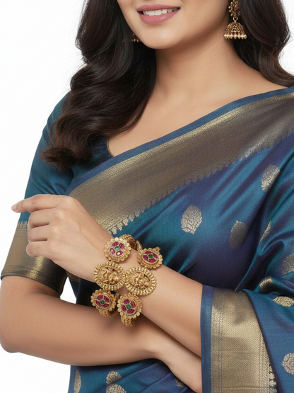 Rajwadi Gold-Plated Brass Bangles with Ruby & Green Beads