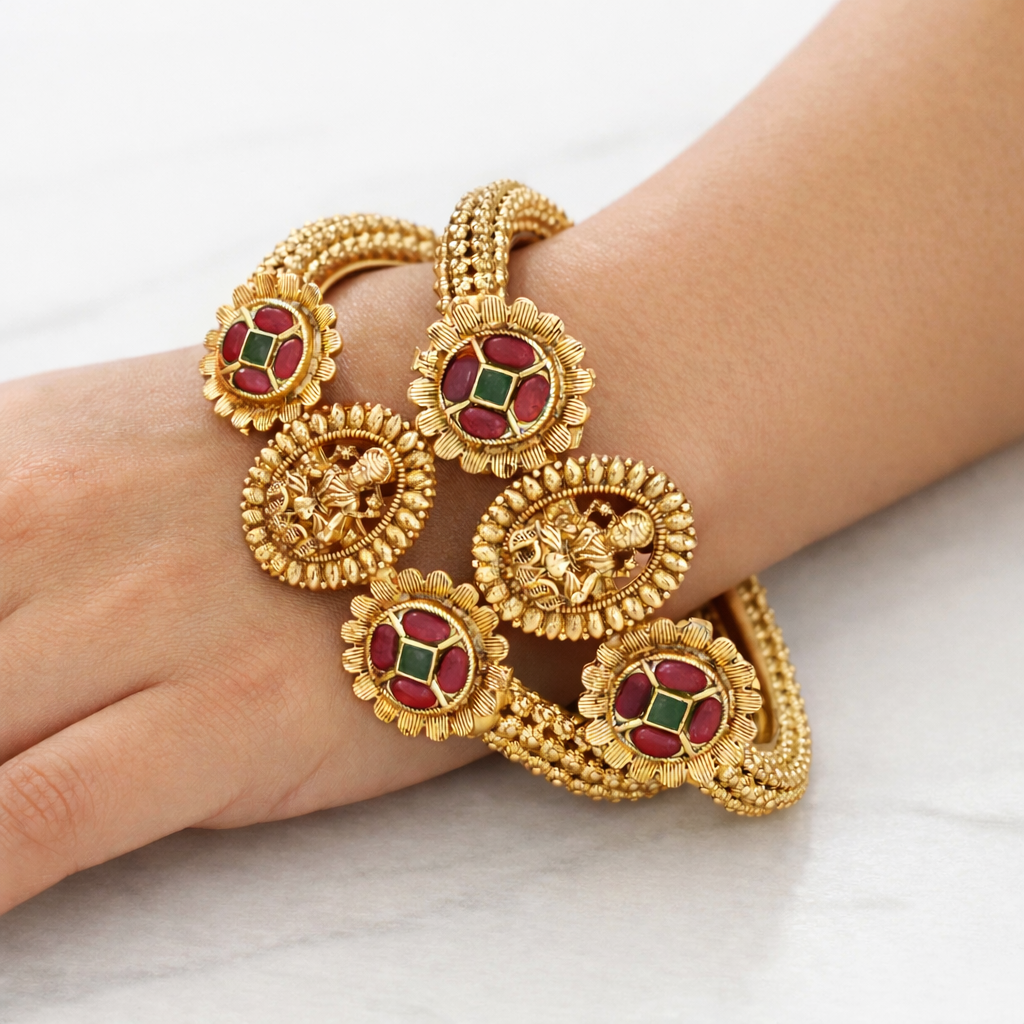 Rajwadi Gold-Plated Brass Bangles with Ruby & Green Beads