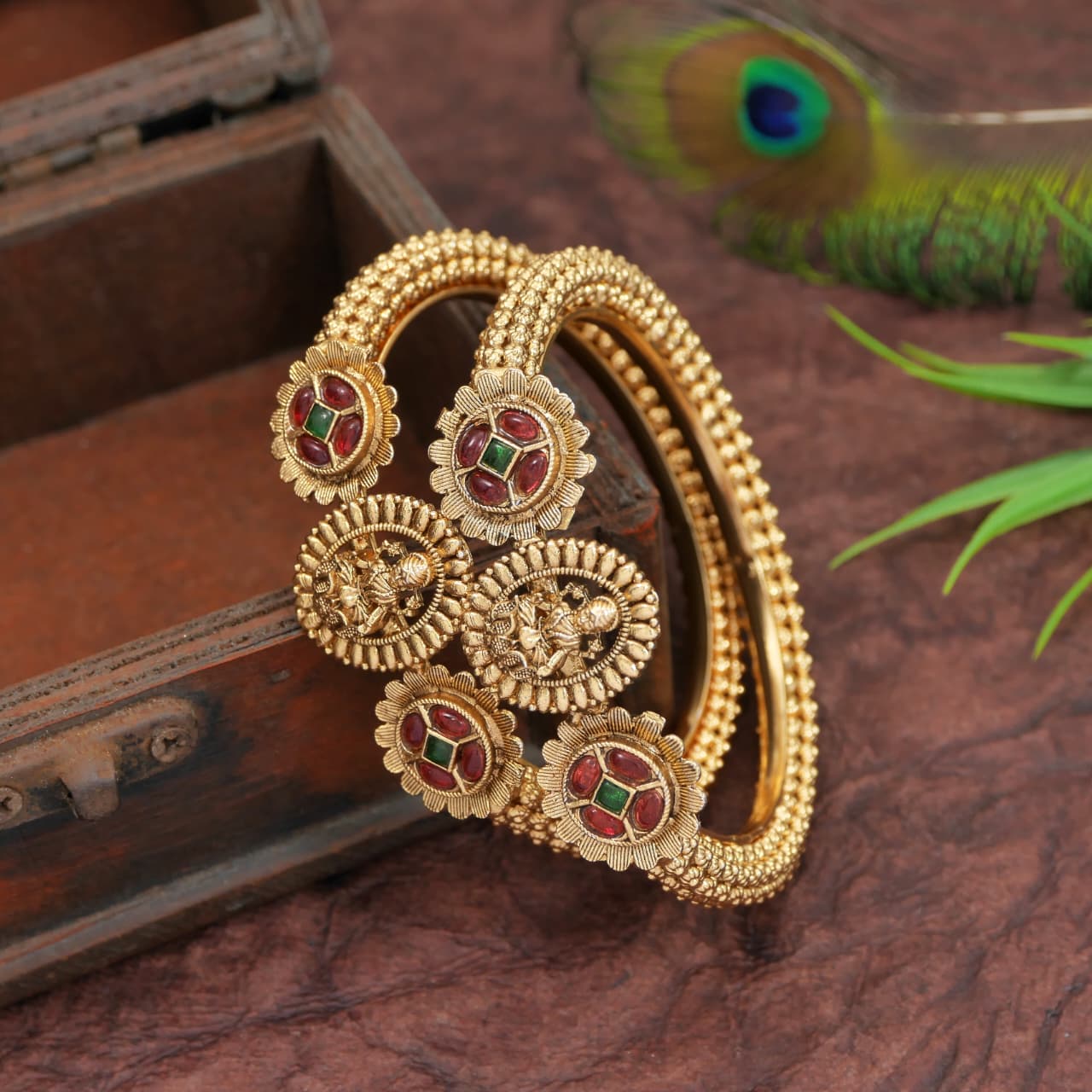 Rajwadi Gold-Plated Brass Bangles with Ruby & Green Beads
