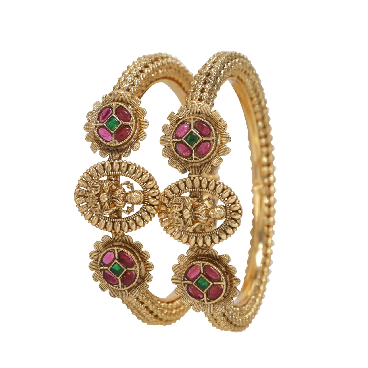Rajwadi Gold-Plated Brass Bangles with Ruby & Green Beads