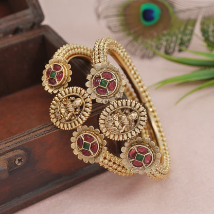 Rajwadi Gold-Plated Brass Bangles with Ruby & Green Beads