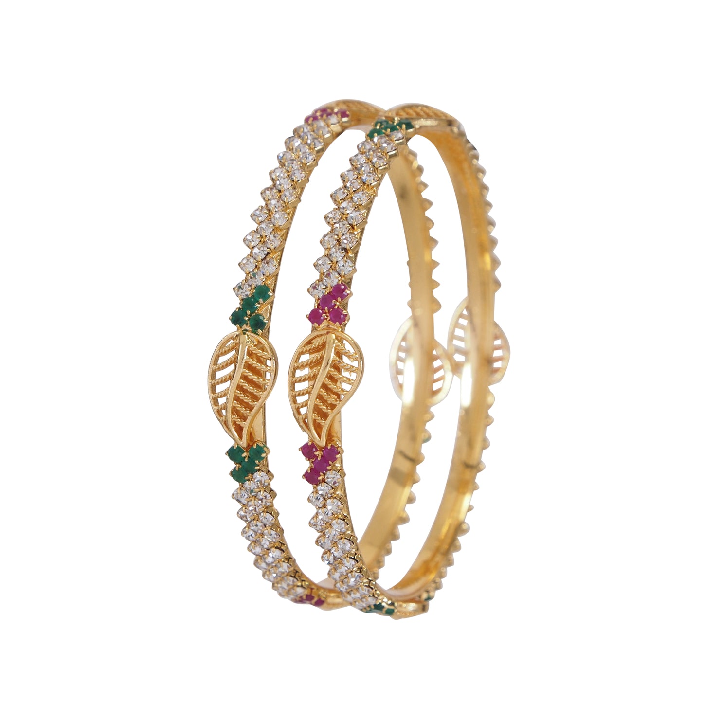 Gorgeous Micro Gold Plated Centre Leaf Pattern Bangles with Para Stones - Temple Wear Collection