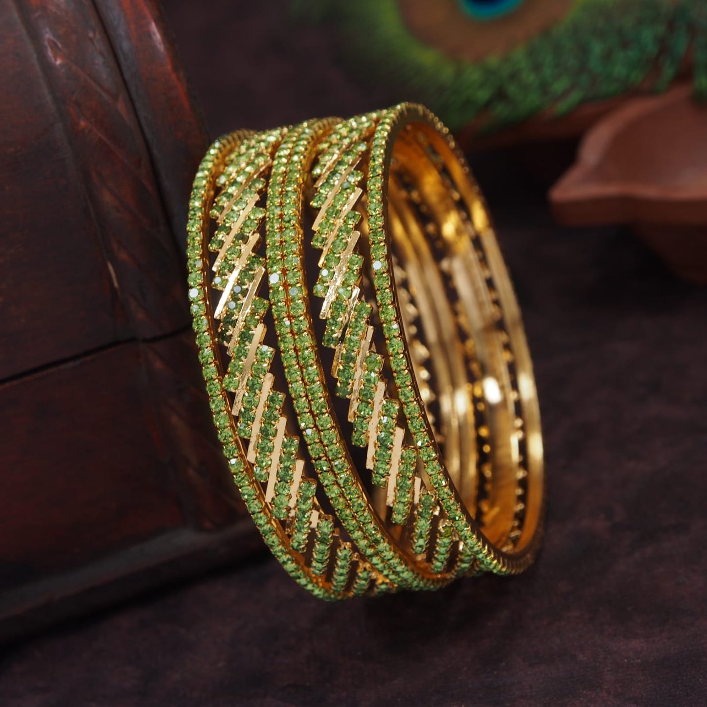 Elegant Traditional Temple Wear Micro Gold Plated Bangles with American Diamond Stones - Set of 6