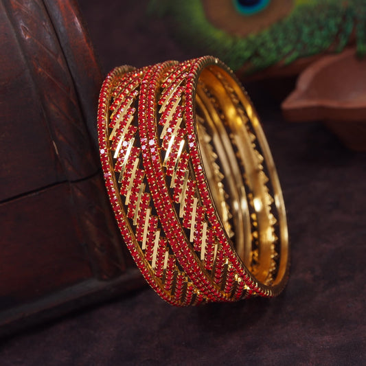 Elegant Traditional Temple Wear Micro Gold Plated Bangles with American Diamond Stones - Set of 6