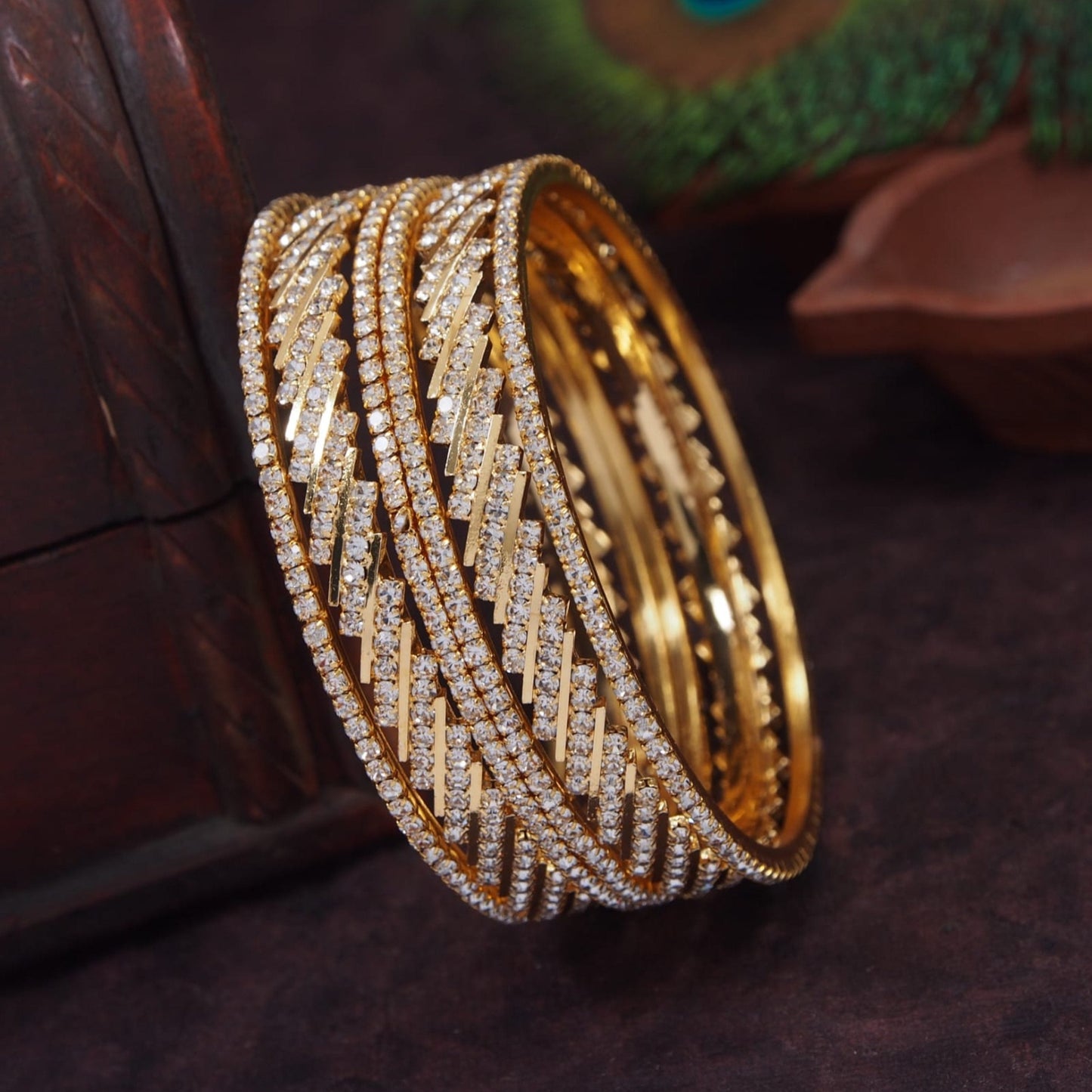 Elegant Traditional Temple Wear Micro Gold Plated Bangles with American Diamond Stones - Set of 6