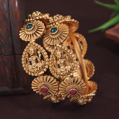 Antique Gold-Plated Temple Design Brass Bangle ? Goddess Lakshmi Motif