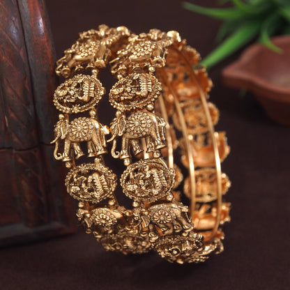 Handcrafted Matte Brass Temple Bangle with Elephant Motif