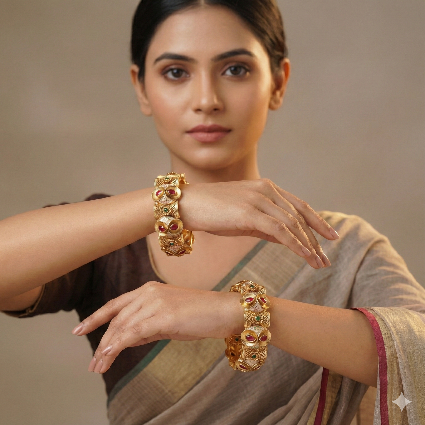 Traditional Gold Plated Antique Bangles with Ruby & Green Stone & Meenakari Work
