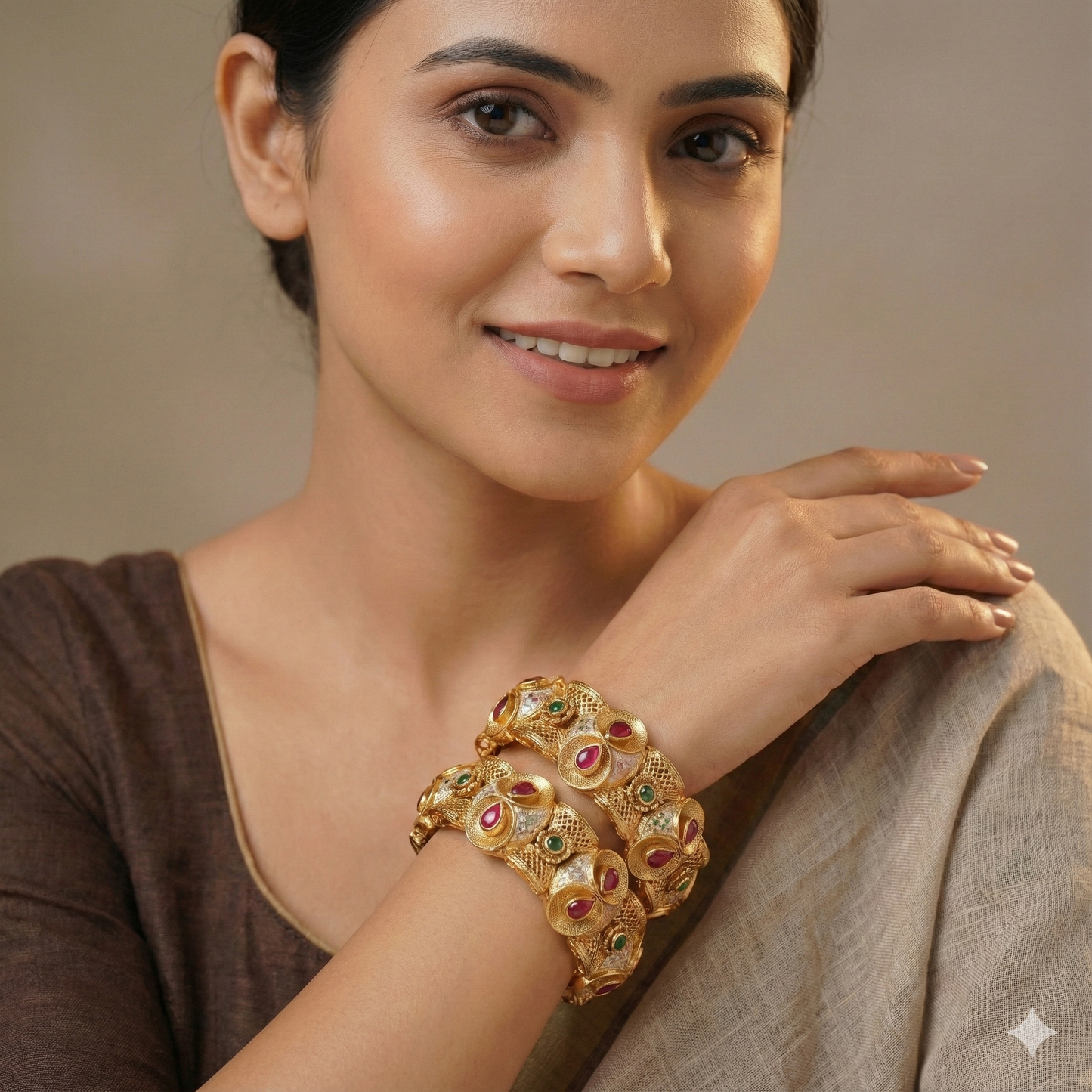 Traditional Gold Plated Antique Bangles with Ruby & Green Stone & Meenakari Work