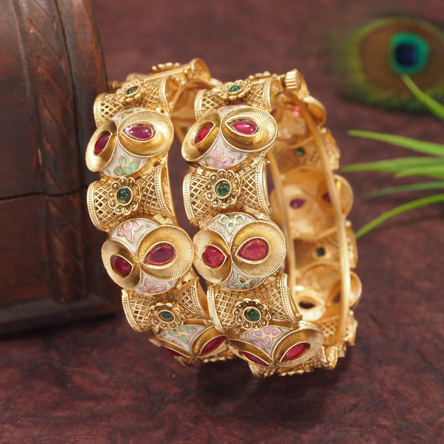 Traditional Gold Plated Antique Bangles with Ruby & Green Stone & Meenakari Work