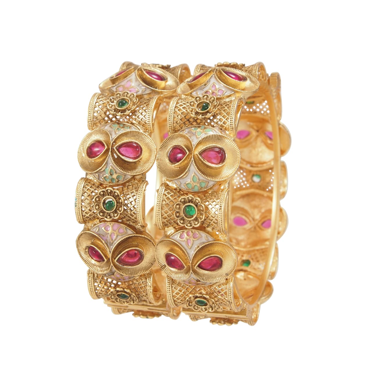 Traditional Gold Plated Antique Bangles with Ruby & Green Stone & Meenakari Work