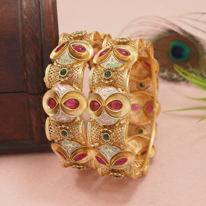 Traditional Gold Plated Antique Bangles with Ruby & Green Stone & Meenakari Work