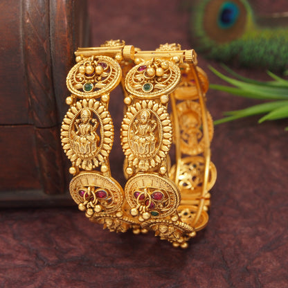 Traditional Gold-Plated Matte Brass Bangles with Red & Green Stone & Gungroo Work
