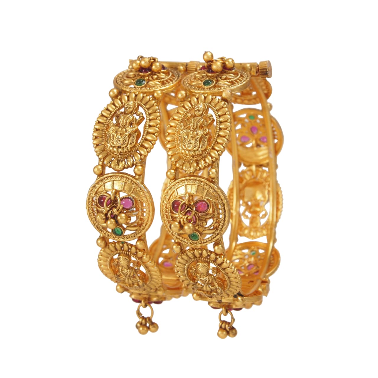 Traditional Gold-Plated Matte Brass Bangles with Red & Green Stone & Gungroo Work
