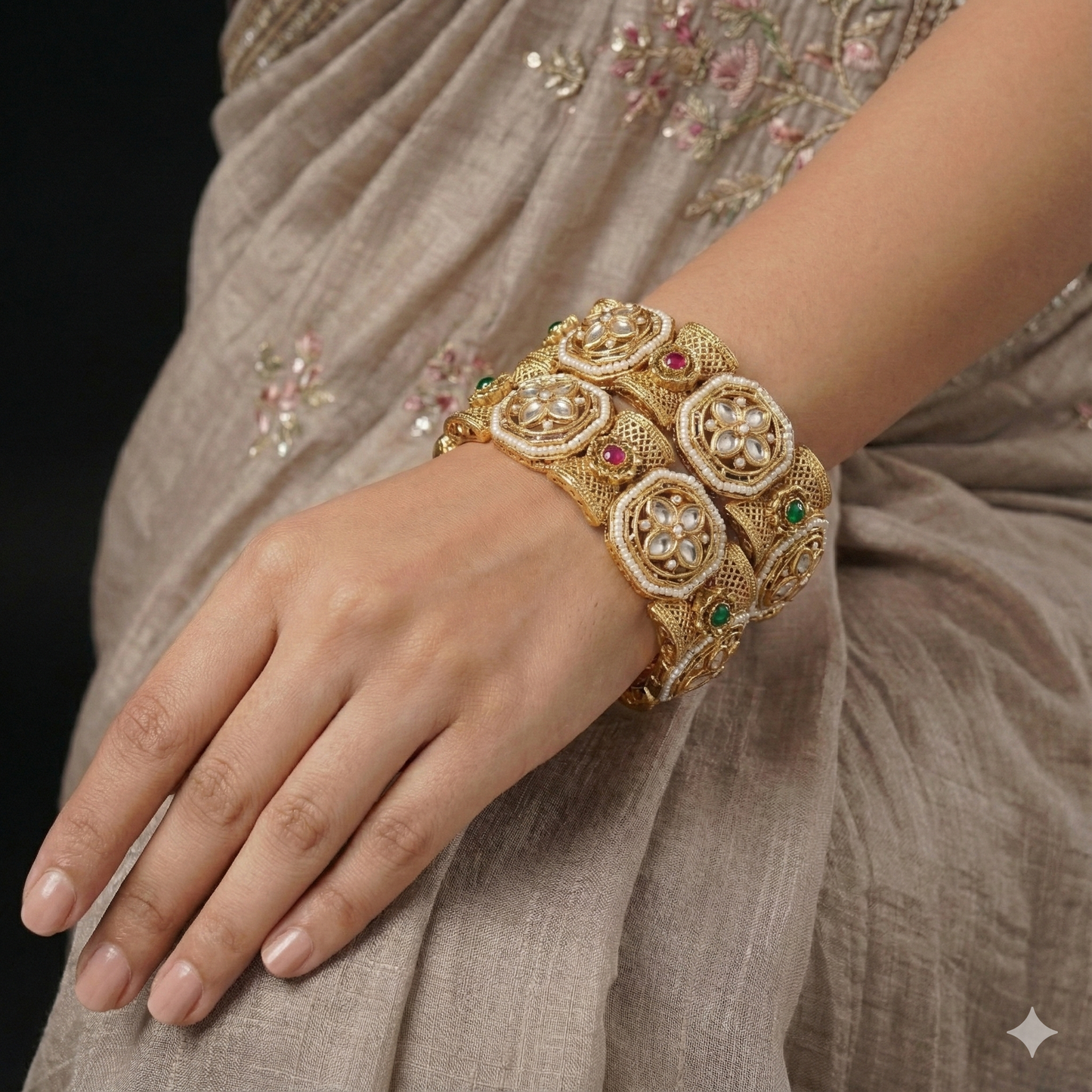 Antique Gold-Plated Kundan & Pearl Traditional Bangles for Women