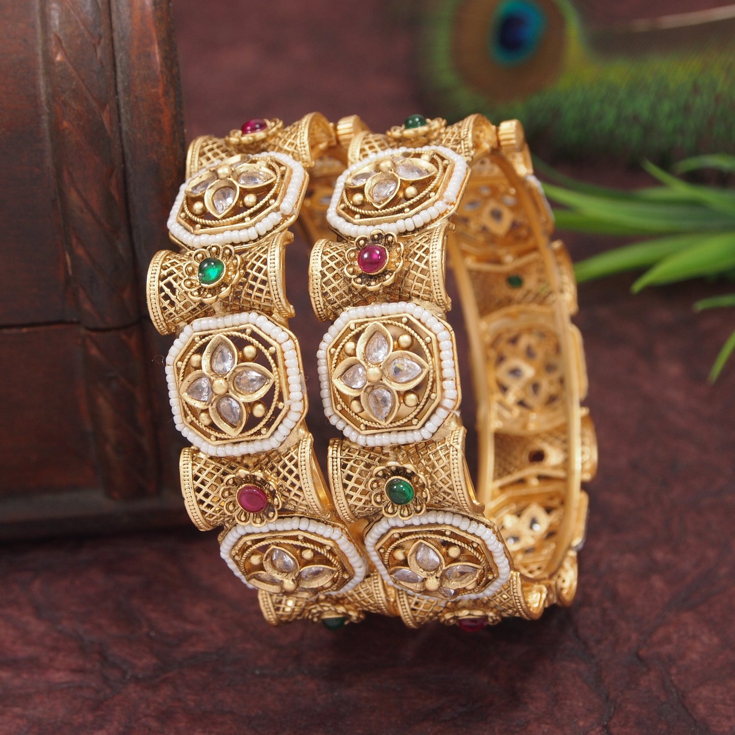 Antique Gold-Plated Kundan & Pearl Traditional Bangles for Women