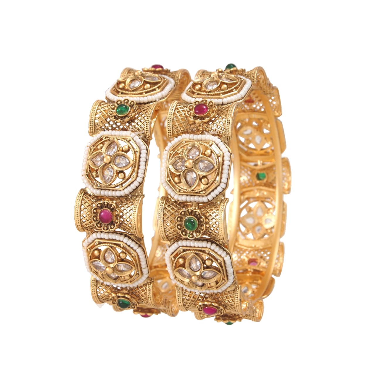 Antique Gold-Plated Kundan & Pearl Traditional Bangles for Women