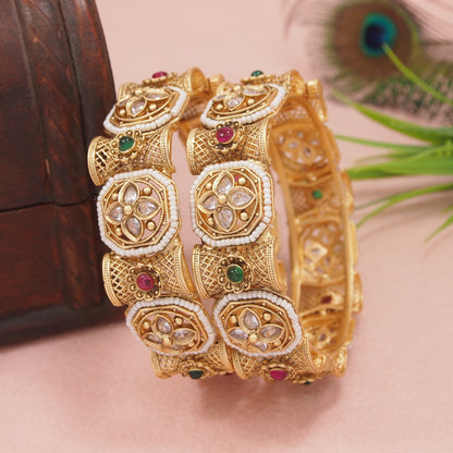 Antique Gold-Plated Kundan & Pearl Traditional Bangles for Women