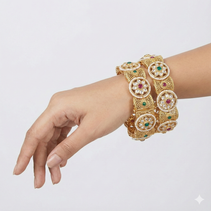 Elegant Antique Gold-Plated Kundan & Pearl Bangles for Women