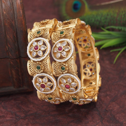 Elegant Antique Gold-Plated Kundan & Pearl Bangles for Women