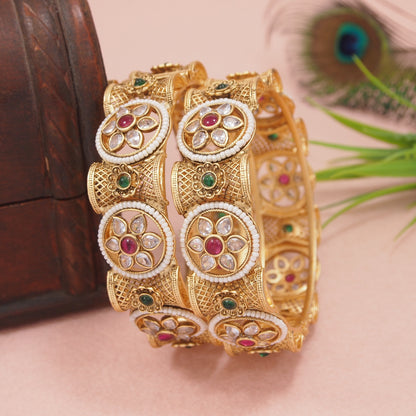 Elegant Antique Gold-Plated Kundan & Pearl Bangles for Women