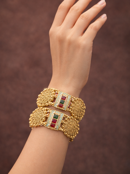 Antique Gold Plated Bangles with Red & Green Stone and Pearl Detailing