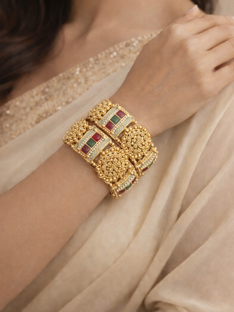 Antique Gold Plated Bangles with Red & Green Stone and Pearl Detailing