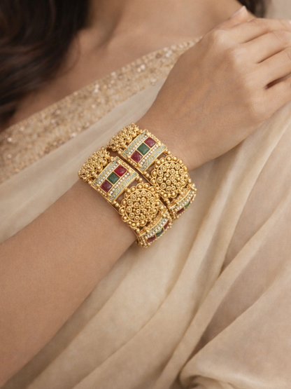 Antique Gold Plated Bangles with Red & Green Stone and Pearl Detailing