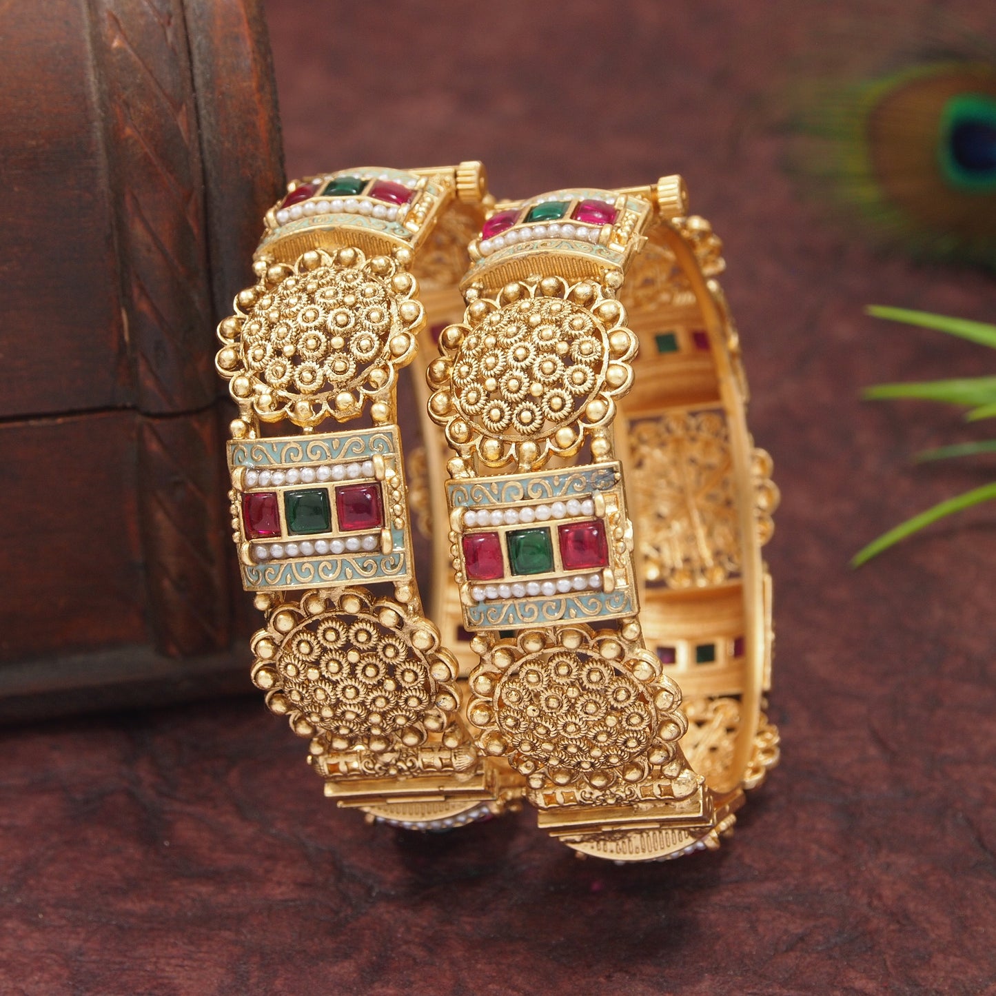 Antique Gold Plated Bangles with Red & Green Stone and Pearl Detailing